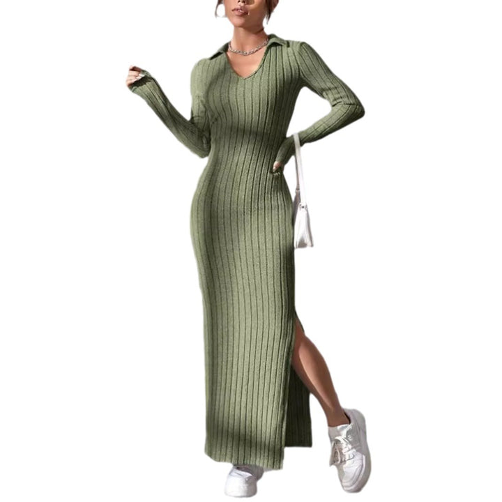 Knit dress for women with deep V-neck and side slit Lune London