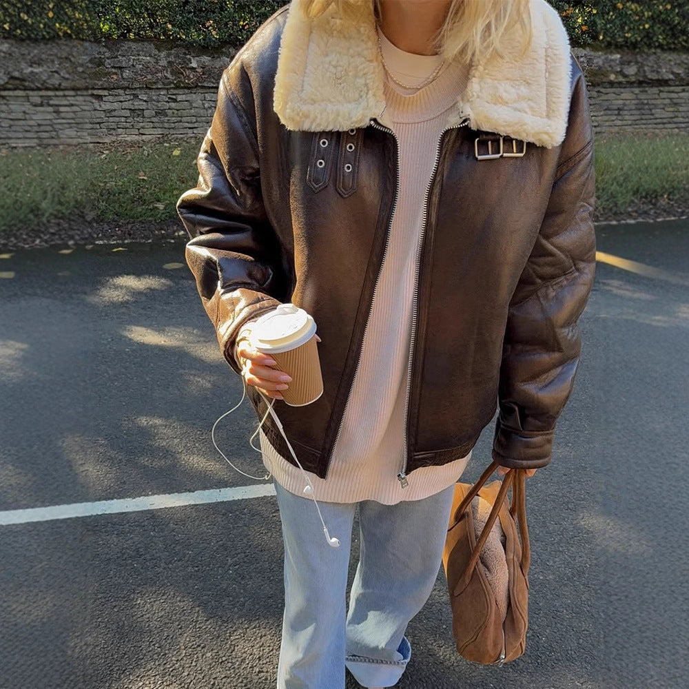 Women's Oversize Pilot Jacket made of Faux Leather with Teddy Lining and Wide Cut Amarae