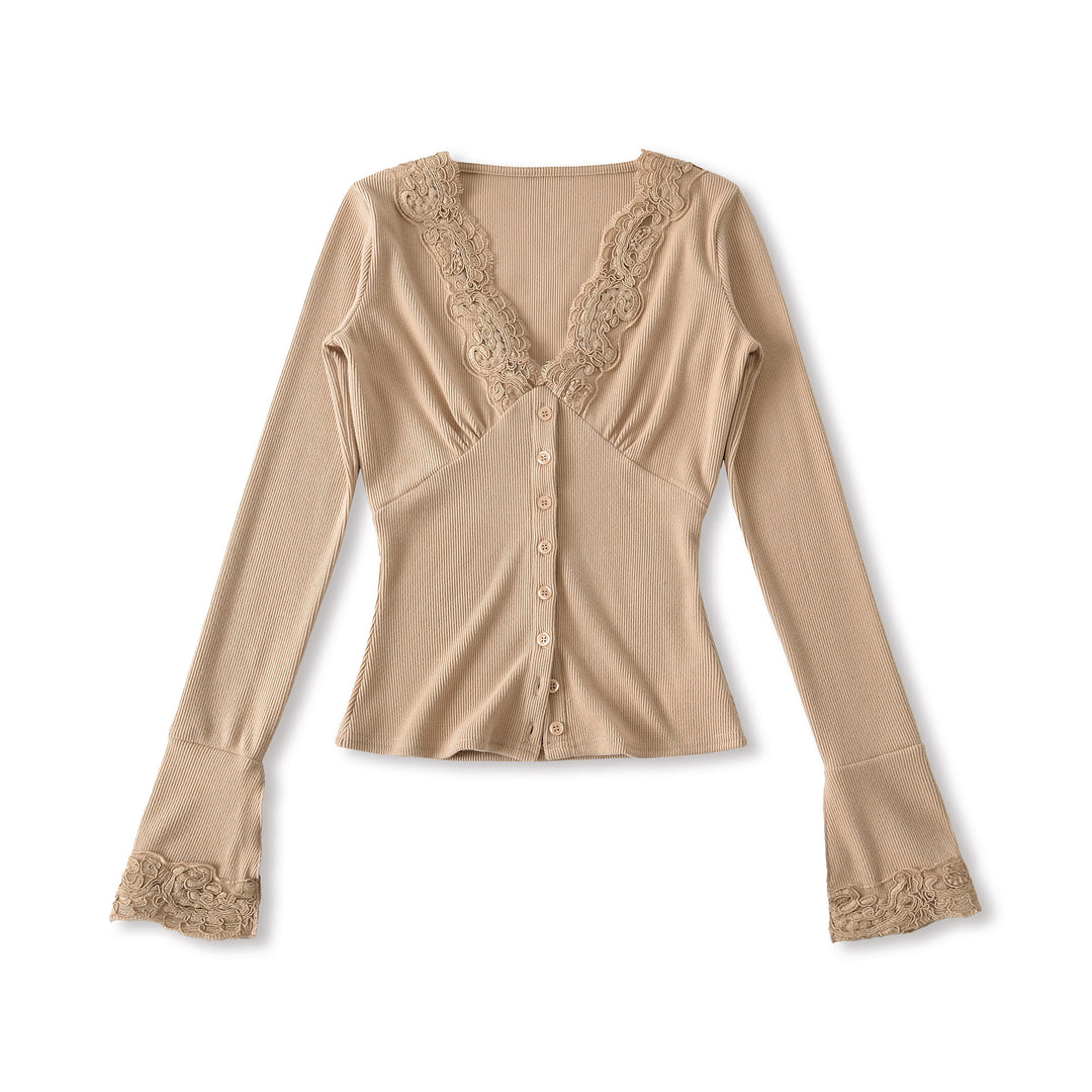 Women's long sleeve t-shirt with feminine lace collar and button detail Lune London