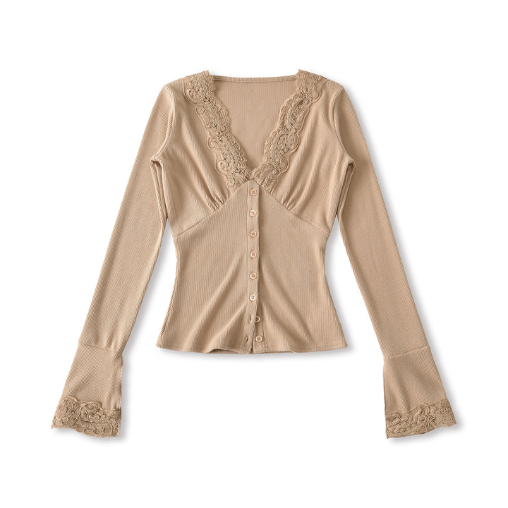 Women's long sleeve t-shirt with feminine lace collar and button detail Lune London
