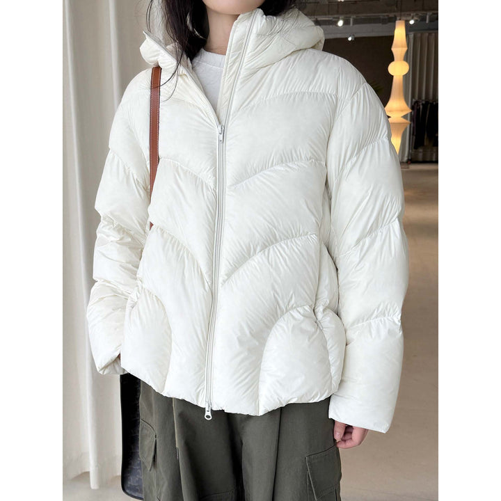 Women Short Cut Puffer Jacket with Hood, Insulating Filling and Waist Detail Amarae