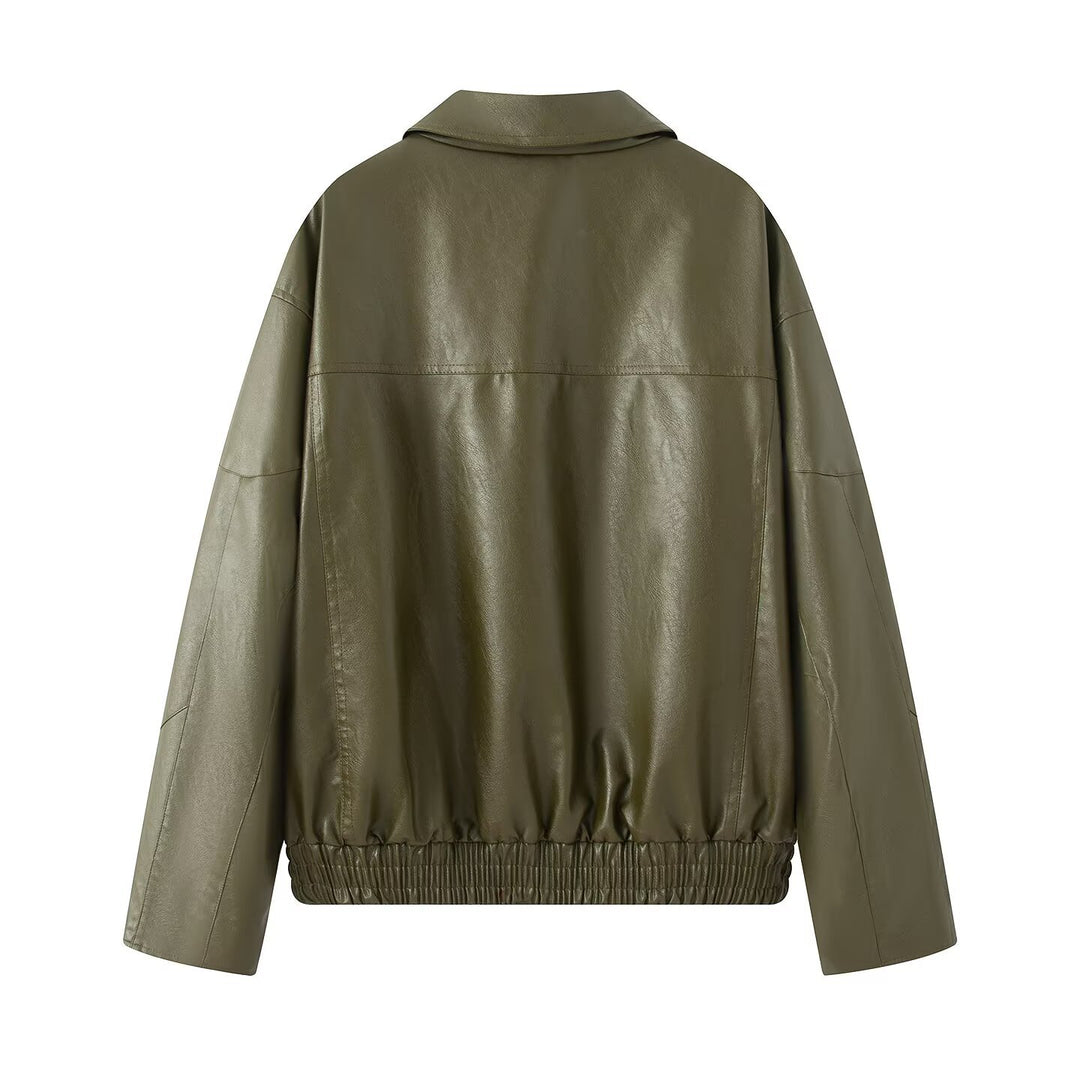 Elegant ladies faux leather jacket with practical zippered pockets Lune London
