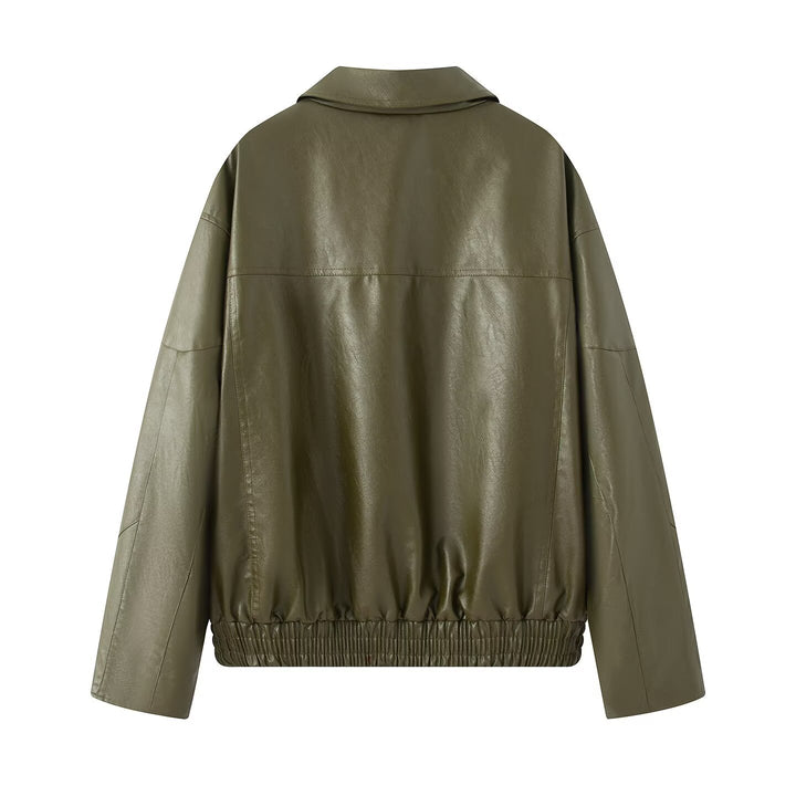 Elegant ladies faux leather jacket with practical zippered pockets Lune London
