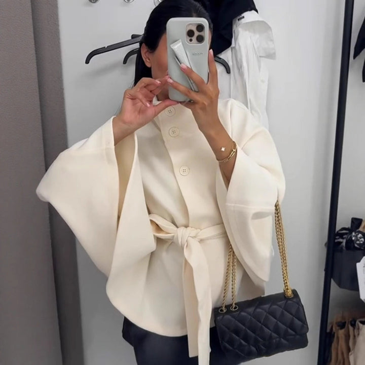 Women Elegant Wool Cape with Waist Belt, Standing Collar and Concealed Button Placket Amarae