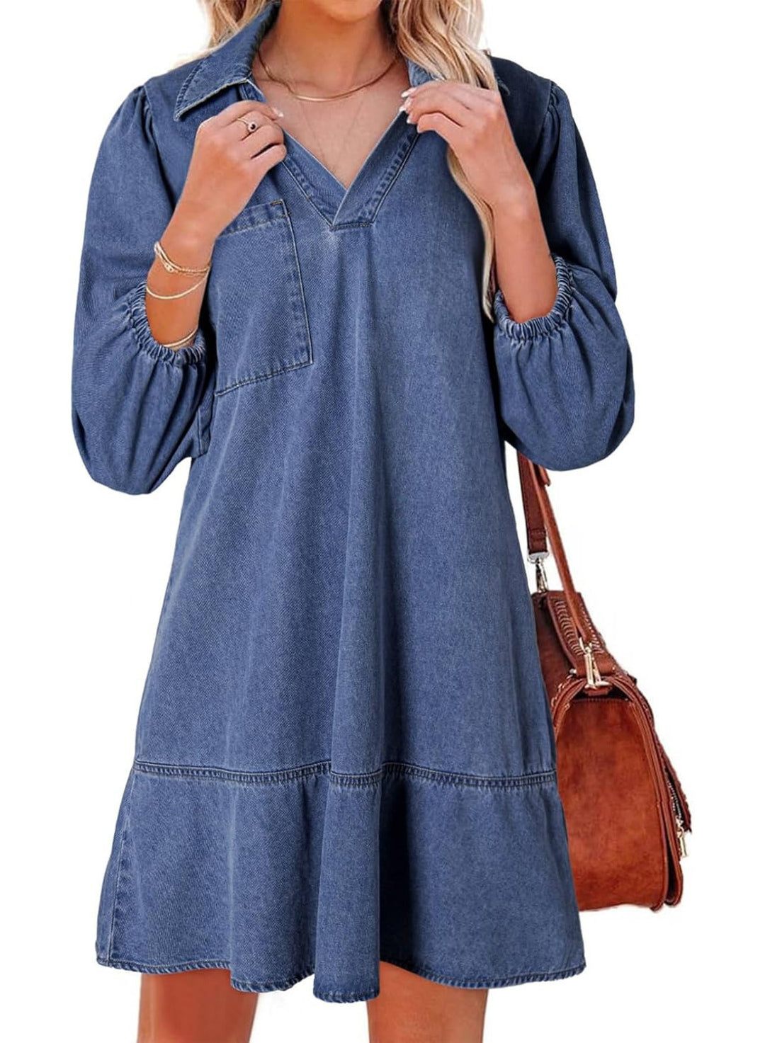 Denim dress for women with voluminous sleeves and a side pocket Lune London