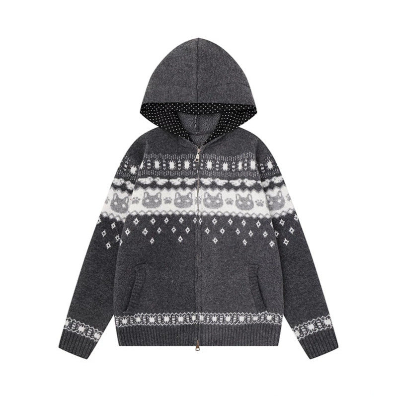 Women's Hooded Knit Jacket with Norwegian Pattern, Double Zip and Kangaroo Pockets Amarae