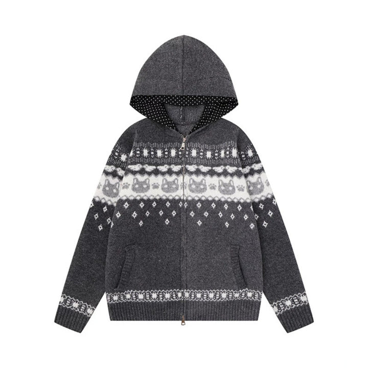 Women's Hooded Knit Jacket with Norwegian Pattern, Double Zip and Kangaroo Pockets Amarae