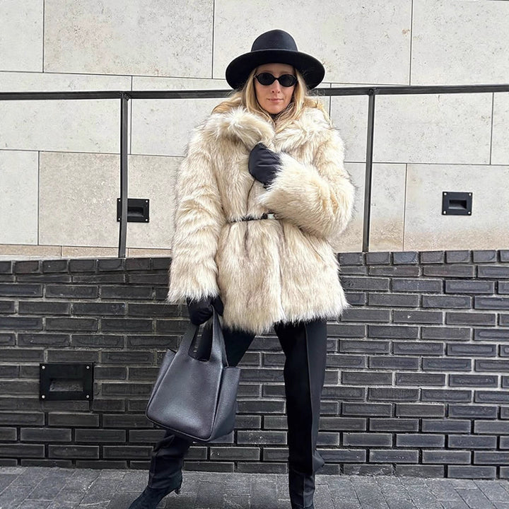 Women short coat made of faux fur with waist belt and voluminous shawl collar Amarae