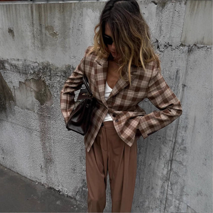 Women's Checkered Blazer and Mini Skirt Set with Tailored Silhouette and Peplum Amarae