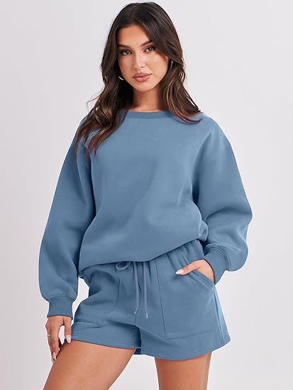 Women's Casual Two-Piece Lounge Sweatset with Oversized Round Neck Sweatshirt and High-Waist Relax Shorts Amarae