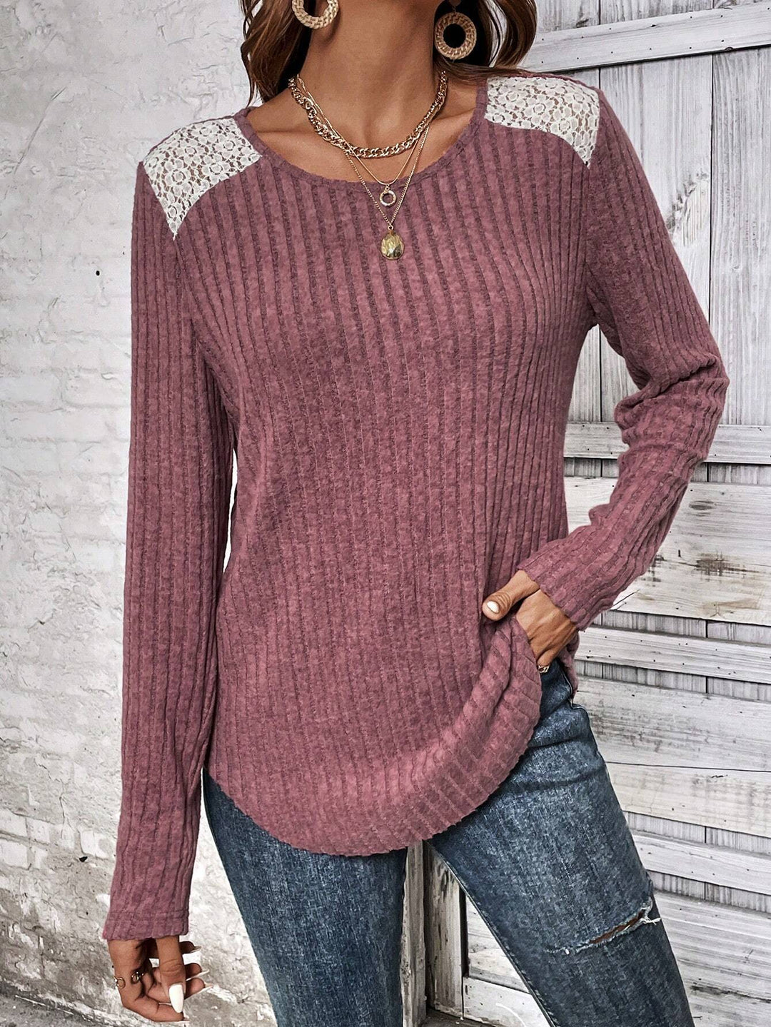 Long sleeve shirt for women with fine rib details and lace accents Lune London