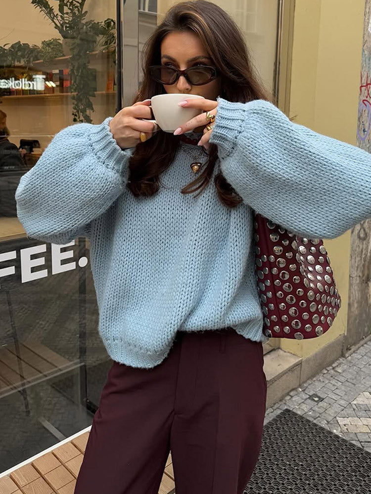 Women Oversize Chunky Knit Sweater with Balloon Sleeves and Wide Ribbed Collar Amarae