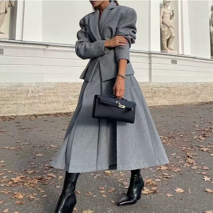 Women's Two-Piece Tailored Wool Suit with Textured Shoulder Blazer and Pleated Midi Skirt Amarae