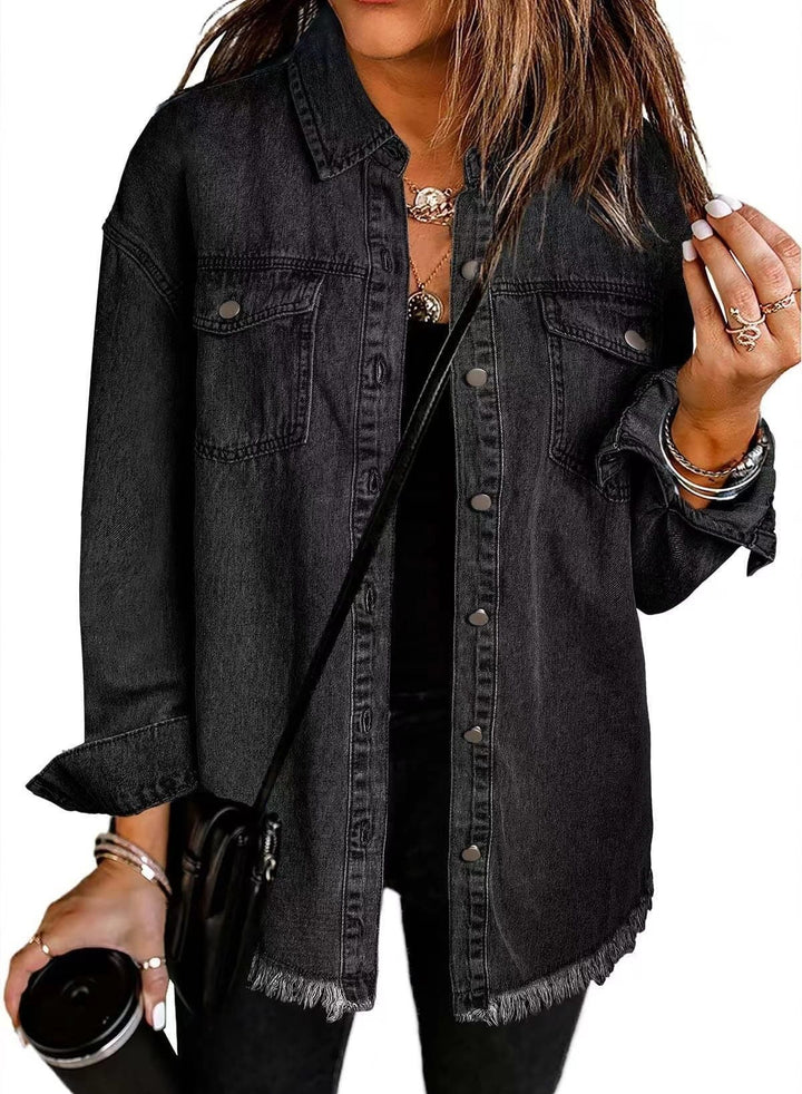 Women's denim shirt with frayed hem and practical pockets Lune London