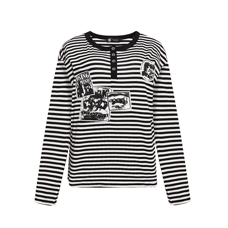 Women's Striped Long Sleeve Henley Shirt with Button Placket and Graphic Patches Amarae