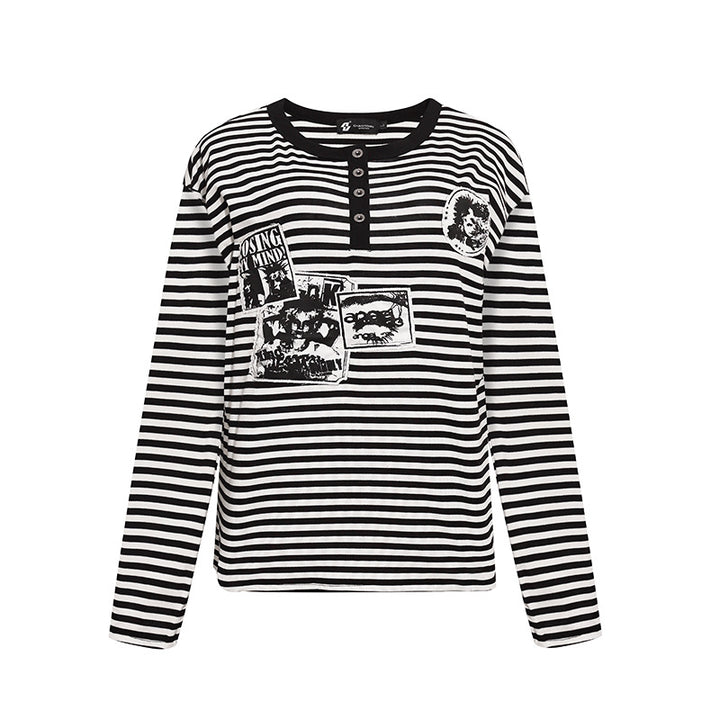 Women's Striped Long Sleeve Henley Shirt with Button Placket and Graphic Patches Amarae
