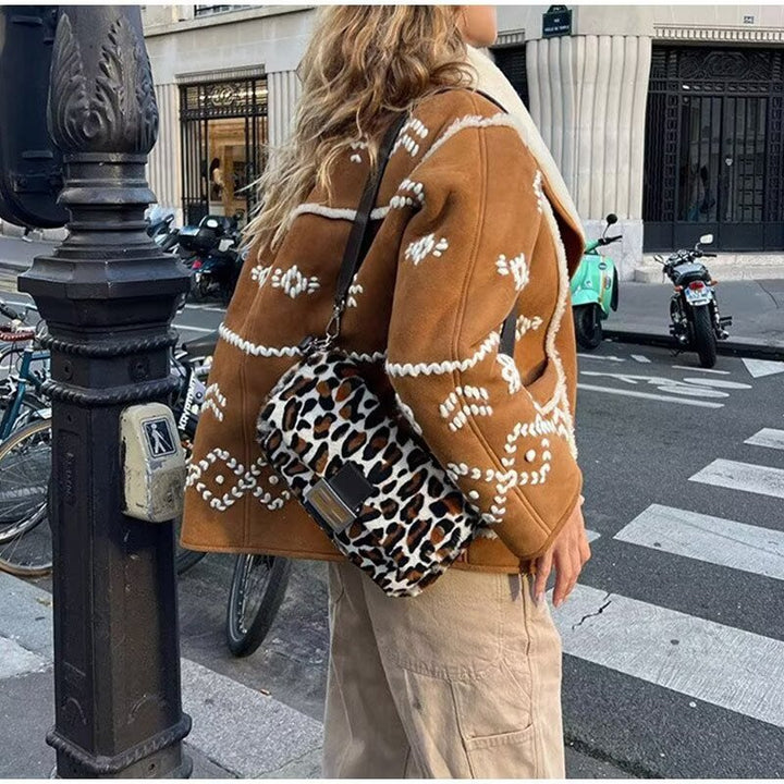 Ladies short cut lamb fur imitation jacket with large shawl collar and ornamental embroidery Amarae