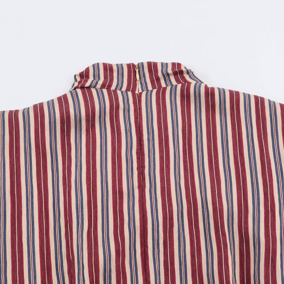 Women's Sleeveless Striped Blouse with Waterfall Collar and Tie Belt Amarae