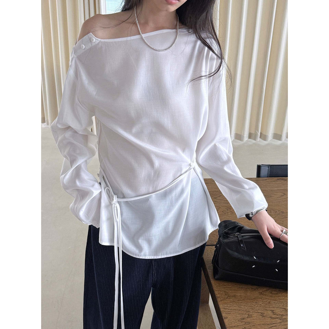 Women Asymmetric One-Shoulder Wrap Blouse made of Satin Amarae