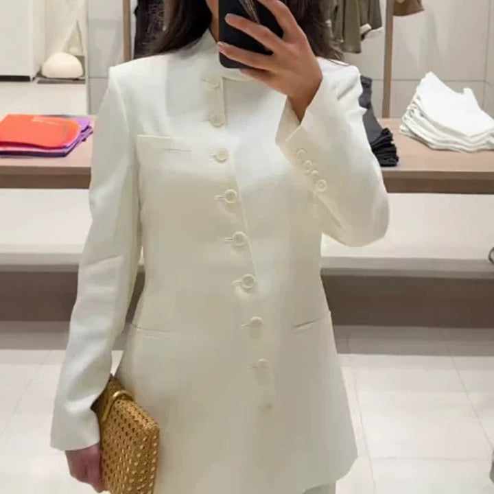 Women Longline Blazer with Stand Collar and Slim Silhouette Amarae