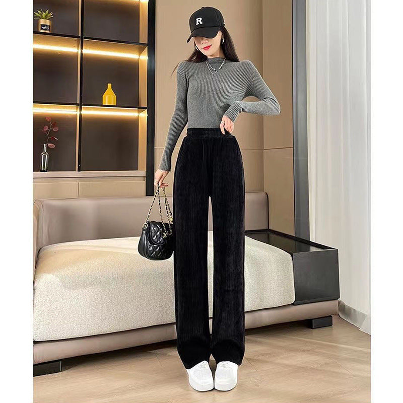 Women's high-waisted corduroy pants with wide leg and elastic waistband