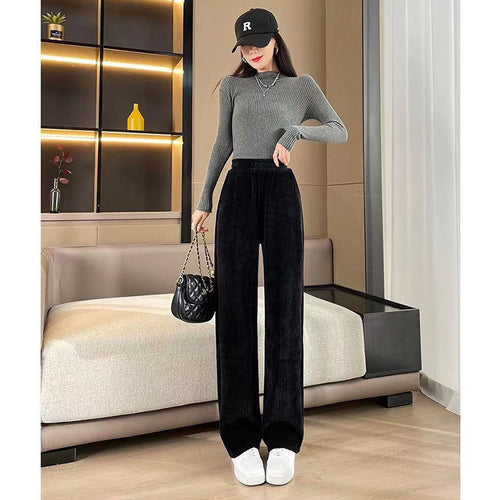 Women's high-waisted corduroy pants with wide leg and elastic waistband