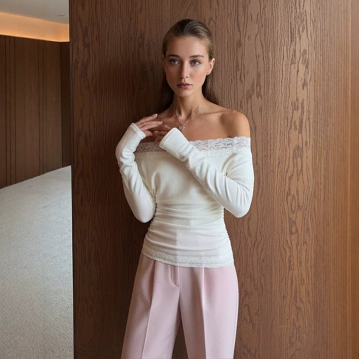 Women Slim-Fit Off-Shoulder Fine Knit Top with Lace Edge Amarae