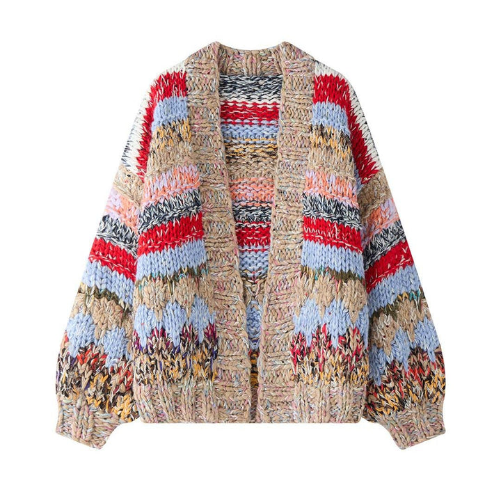 Women's chunky knit oversized cardigan with colorful block stripes and voluminous sleeves Amarae