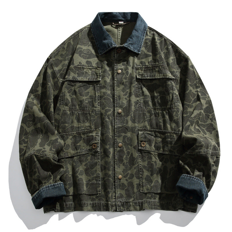 Men's Boxy Jeans Jacket in Camouflage Pattern with Contrast Collar and Multiple Pockets Amarae