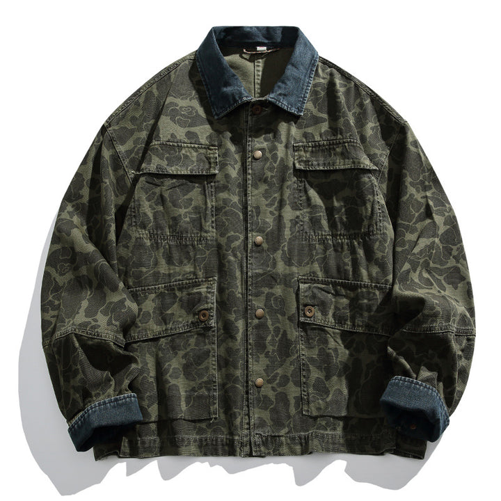 Men's Boxy Jeans Jacket in Camouflage Pattern with Contrast Collar and Multiple Pockets Amarae