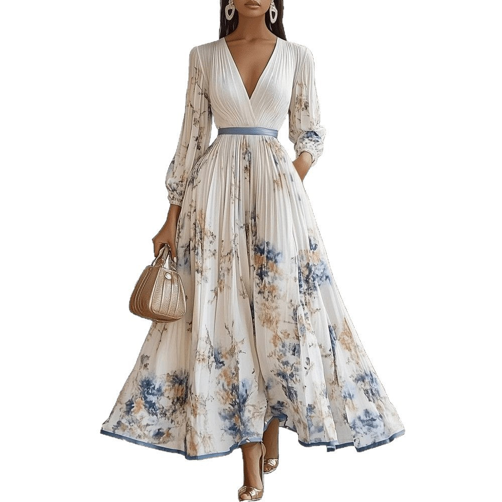 Women Magnificent Maxi Dress with Deep V-Neck and Floral Design Lune London