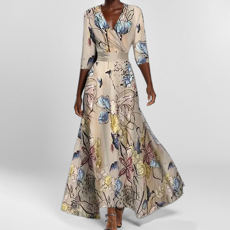 Lune London | Elegant V-Neck Printed Waist Dress with Peplum