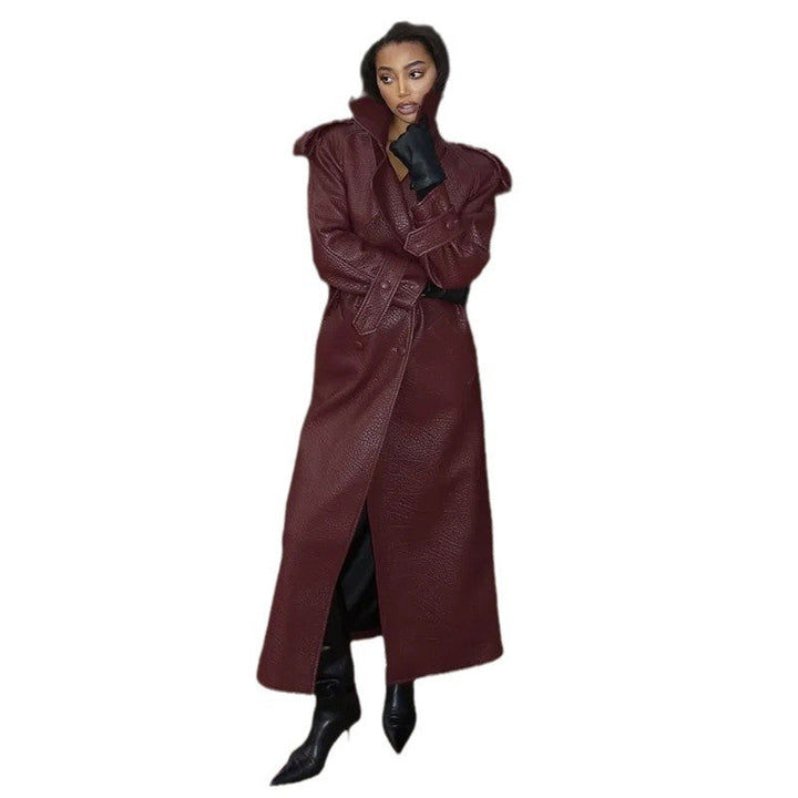 Women's Oversized Faux Leather Trench Coat with High Collar and Removable Belt Lune London