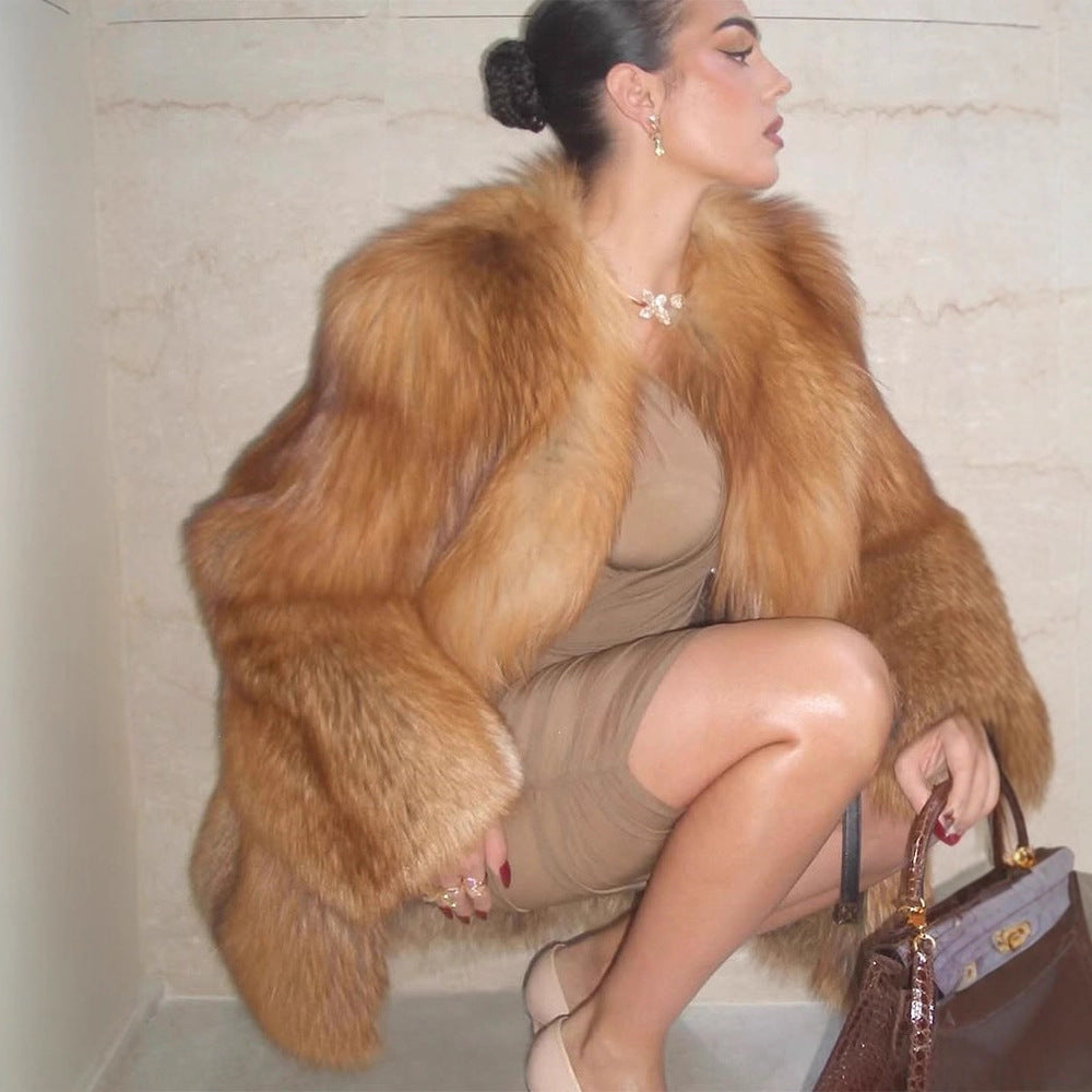 Women's Short Plush Faux Fur Coat with Boxy Silhouette and Voluminous Shawl Collar Amarae