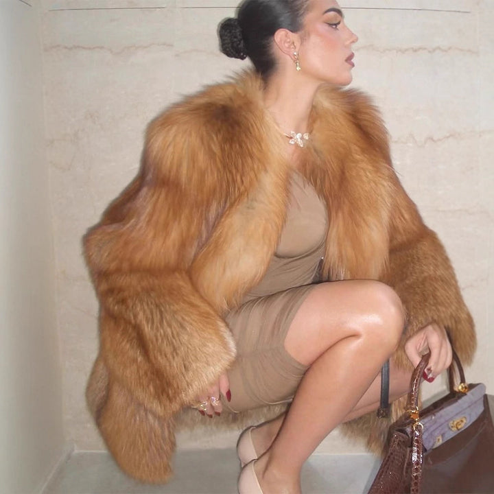 Women's Short Plush Faux Fur Coat with Boxy Silhouette and Voluminous Shawl Collar Amarae