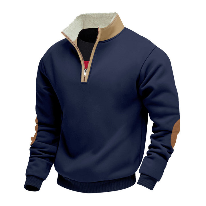 Trendy fleece pullover for men with half-zip and contrasting elbow patches Lune London
