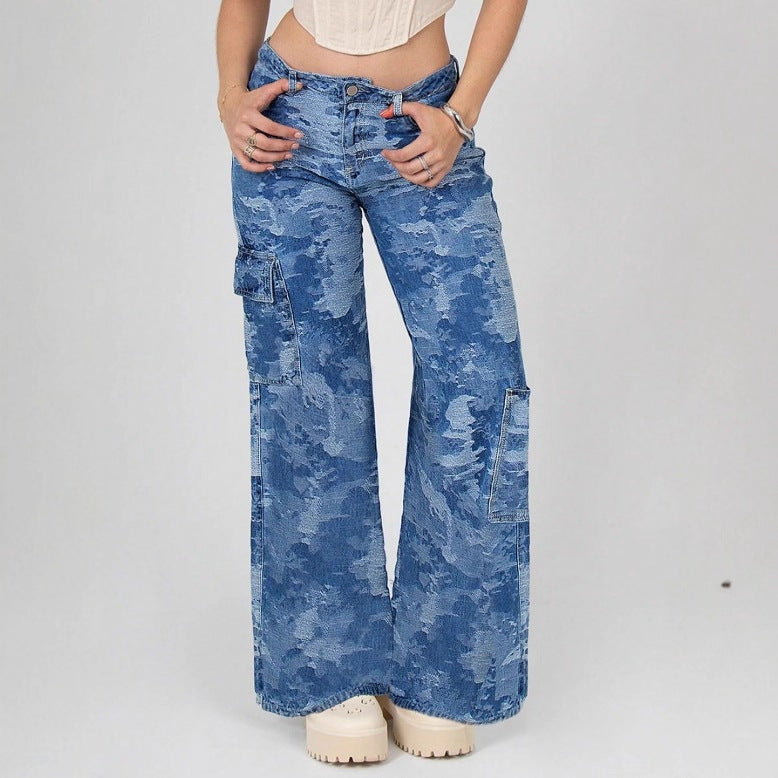Women’s High-Waisted Palazzo Cargo Jeans made of Camouflage Denim with Patch Pockets Amarae
