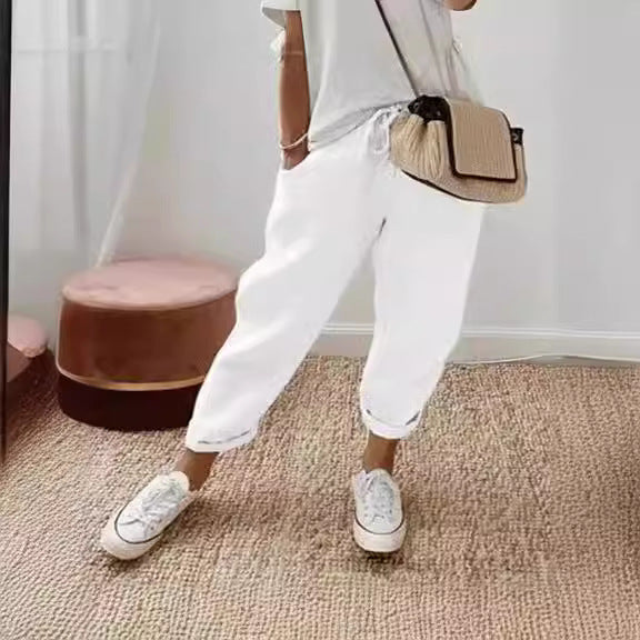 Women's linen jogger pants with drawstring, loose tapered fit and rolled hems Amarae