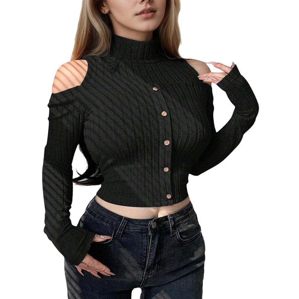 Pull long à manches longues pour femmes, cropped, avec des détails à épaules dénudées et fermeture à boutons Chic & Stil