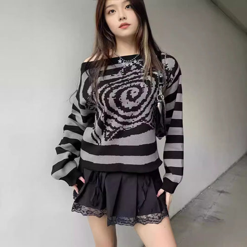 Trendy oversized sweater for women with a creative spiral design and a striped pattern Amarae
