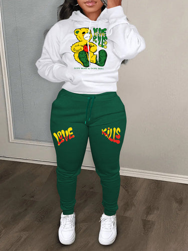 Women Hoodie and jogging pants set with creative bear pattern and striking inscription Amarae