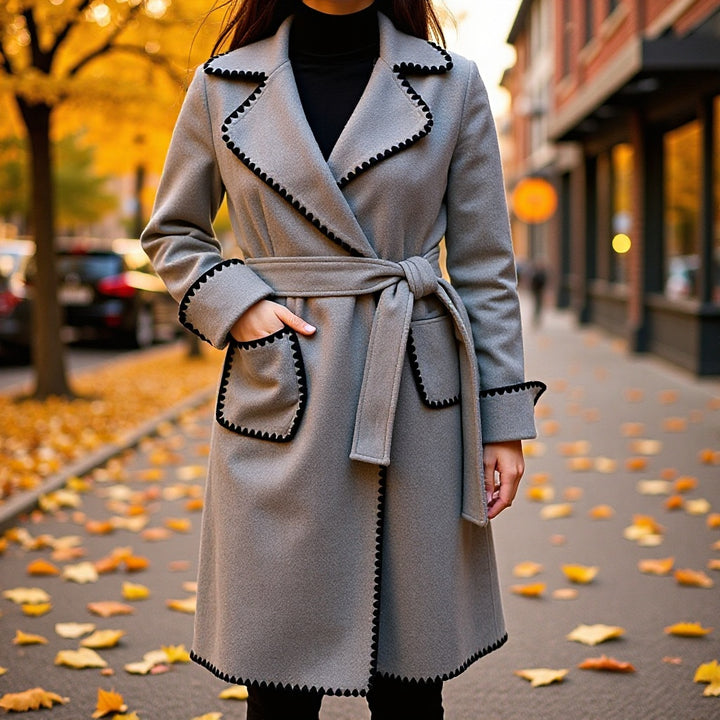 Women's Tailored Wool Blend Long Coat with Belt and Contrasting Zigzag Trim Amarae
