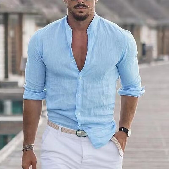 Casual linen shirt for men with modern stand-up collar and roll-up sleeves Lune London