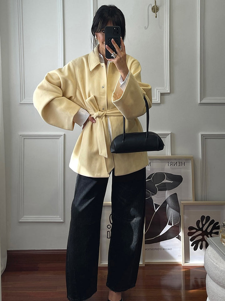 Women's short coat with tie belt, boxy oversized silhouette and wide sleeves Amarae