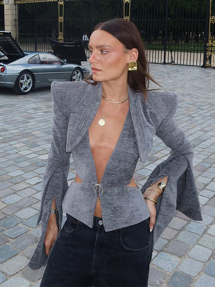 Women's Sculptural Peplum Blazer with Deep V-Neck, Cut-Outs and Dramatic Sleeve Slits Amarae