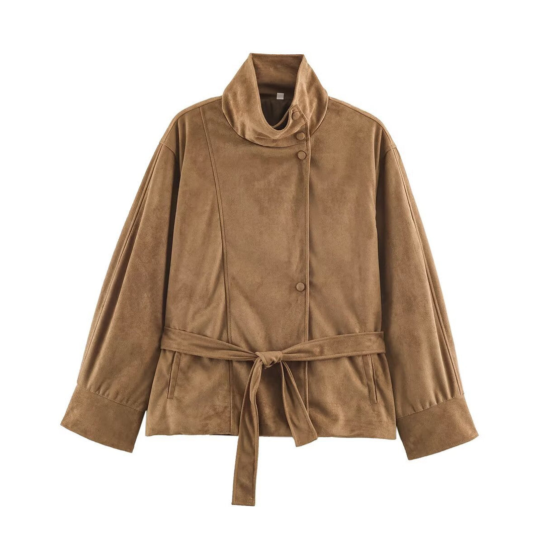 Women's Boxy Wrap Jacket in Velour Look with High Stand-Up Collar and Tie Belt Amarae