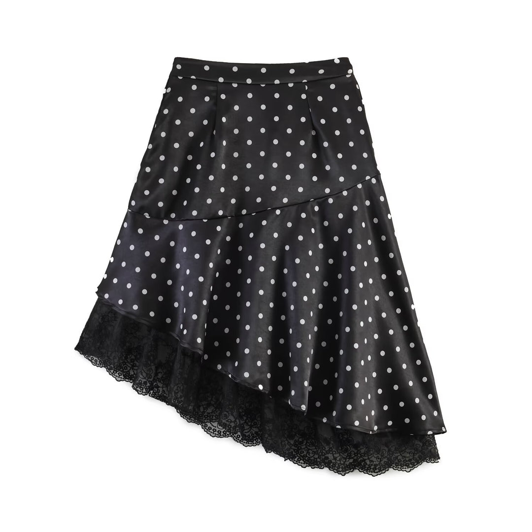 Women's Asymmetric Tiered Skirt with Ruffles, Dots, and Lace Trim Amarae