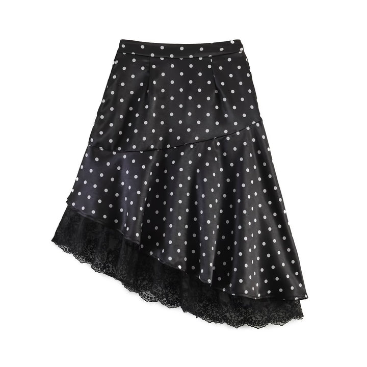 Women's Asymmetric Tiered Skirt with Ruffles, Dots, and Lace Trim Amarae