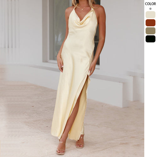 Elegant satin maxi dress for women with deeper neckline and side slit Chic & Stil