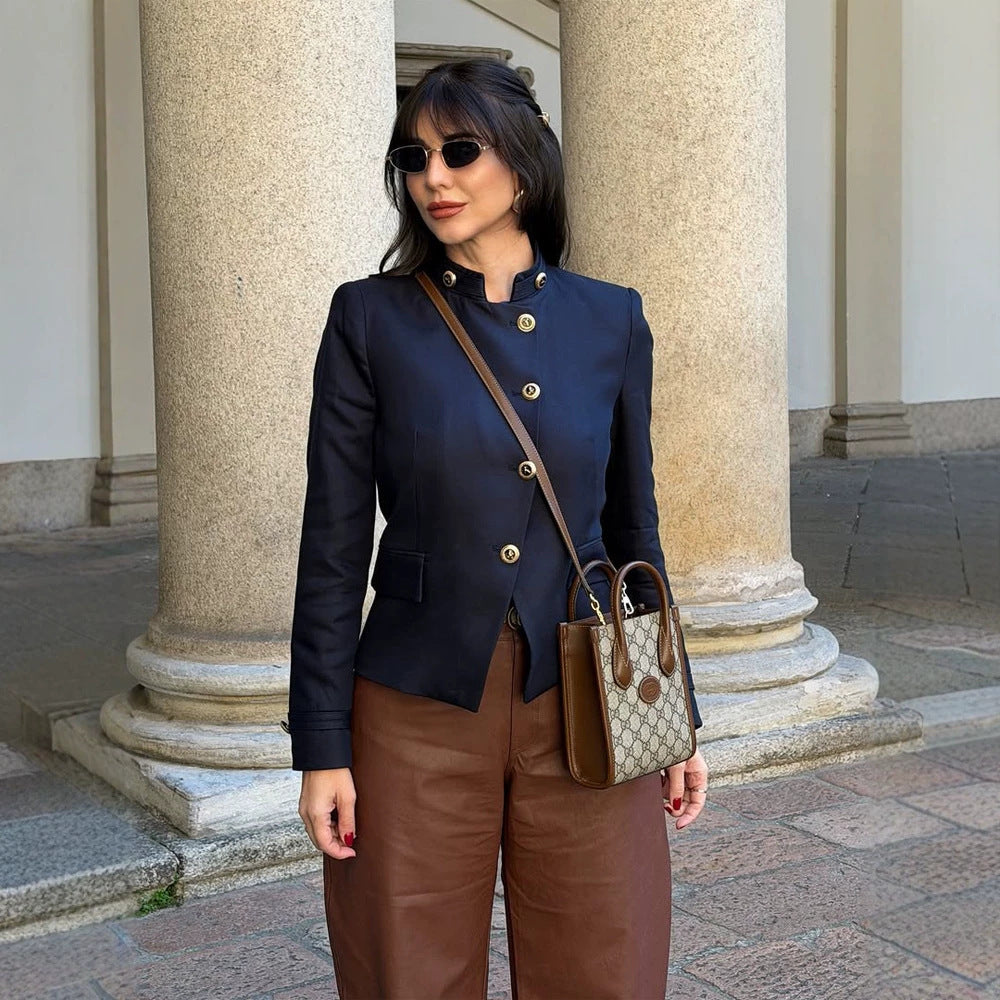 Women's Tailored Blazer with Stand-up Collar and Golden Decorative Buttons Amarae
